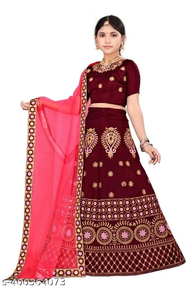 Satin Embroidered Lehenga with Choli & Dupatta for Girls (Maroon & Pink, 3-4 Years)