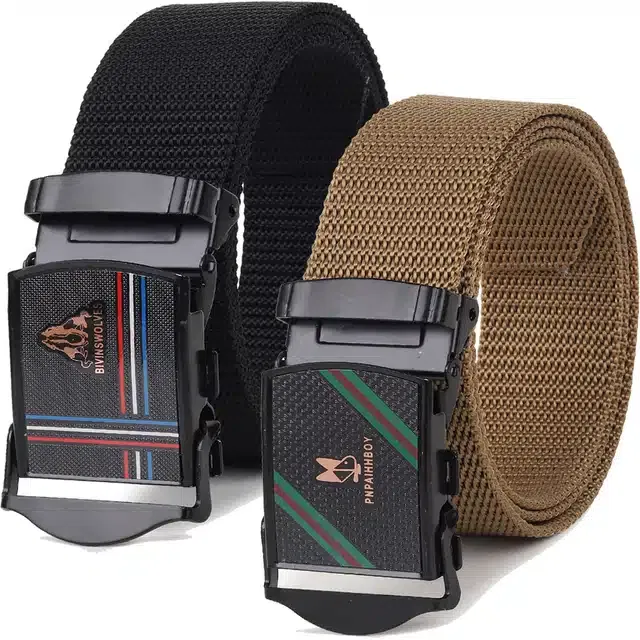 Casual Nylon Belts for Men (Black & Cream, Pack of 2)