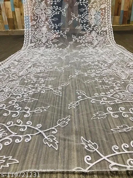 Floral Sequinned Embroidered Net Dupatta for Women (White, Free Size)