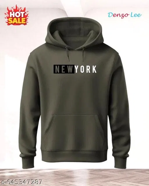 Fleece Printed Hoodie for Men, Olive (XL)