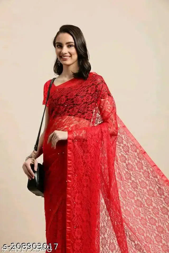 Net Saree for Women (Red, 6.3 m)