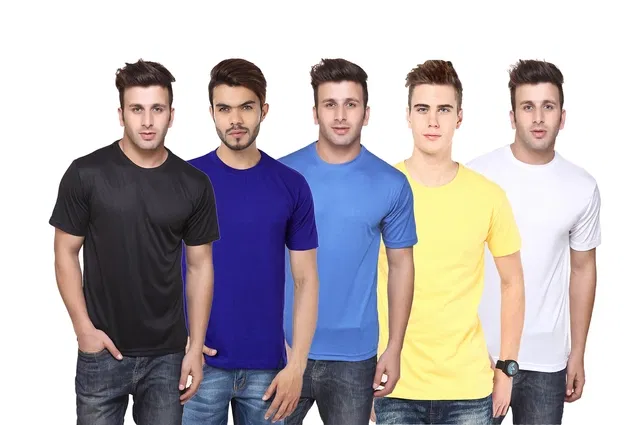 Round Neck Solid Polyester T-shirts for Men, Pack of 5 (Multi, L)