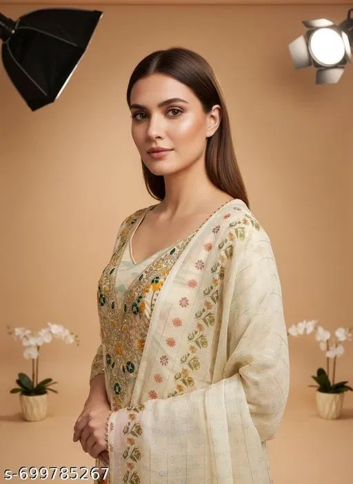 Bandhani Printed Jaipuri Designs Embroidered Top Bottom Duppata for Women (White, Un Stitched)