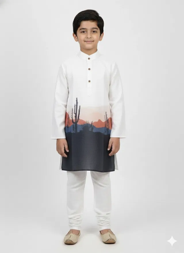 Silk Blend Printed Kurta & Paints Set for Boys , Cream (5-6 Years)