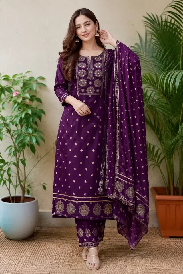 Rayon embroidered Anarkali Kurta Set for Women ( Purple,S )
