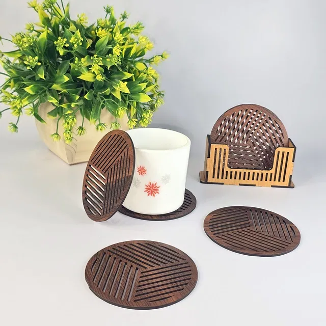 MDF Wooden 6 Pcs Coasters with Stand (Brown, Set of 1)