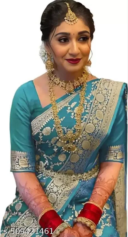 Banarasi Silk Saree for Women (Aqua Blue, Free Size)