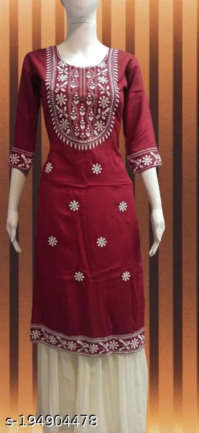 Rayon Slub Embroidered Kurti for Women (Maroon, 6XL)