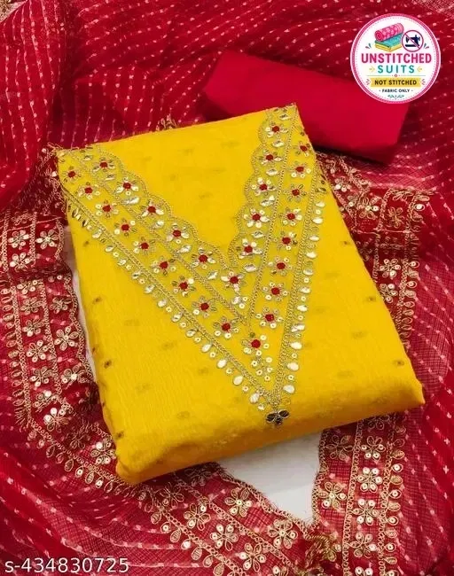Embroidered Embellished Patiala Suit for Women (Yellow, Un Stitched)