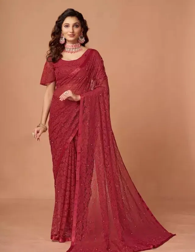 Net Solid Saree for Women (Maroon, 6.3 m)