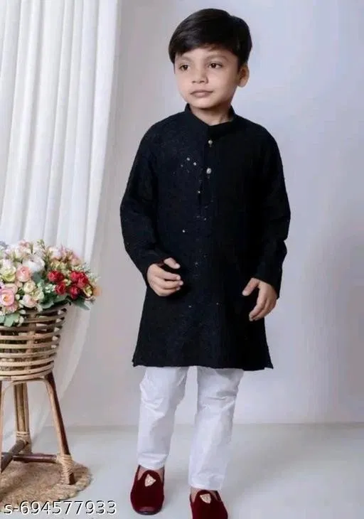 Embellished Rayon Pyjama Set for Boys (Black Top Bottom) (White, 0-1 Years)