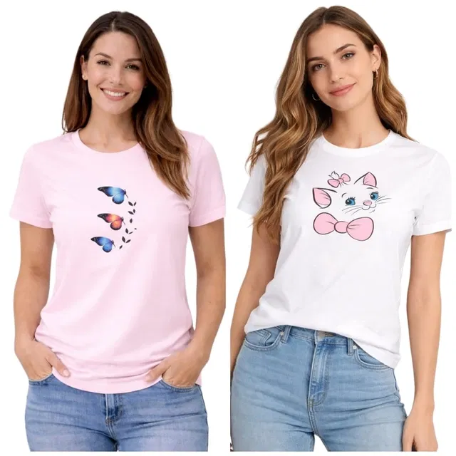 Cotton Blend T-shirt for Women, White & Pink, Pack of 2 (L)