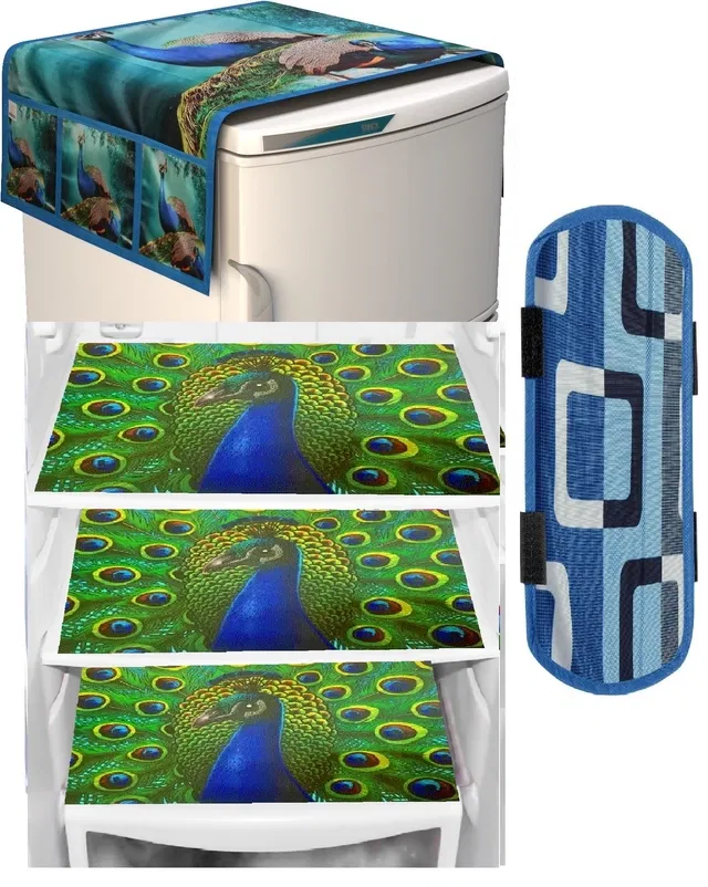 PVC Printed Fridge Top Cover with 3 Pcs Shelf Mats & Handle Cover (Multicolor, Set of 1)