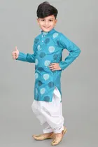 Cotton Printed Kurta with Dhoti for Boys, Teal & White 