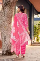 Cotton Silk Printed Kurta With Paint & Dupatta Set for Women, Pink 