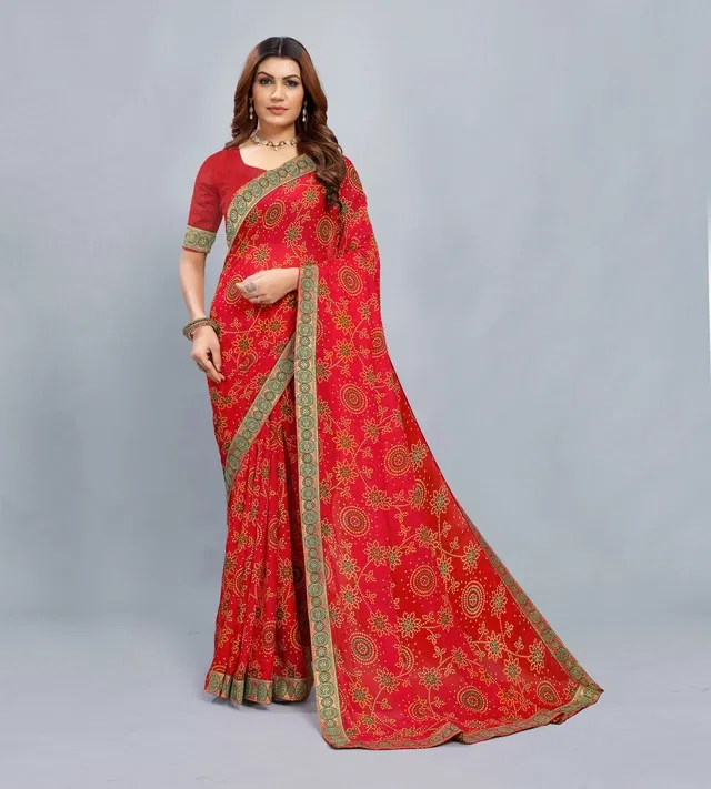 Georgette Printed Saree for Women (Red, 6.3 m)