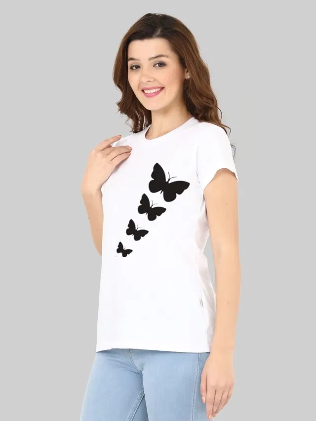 Half Sleeves Printed Round T-Shirt for Women (White, S)