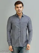 Cotton Blend Checked Shirts for Men, Navy Blue 