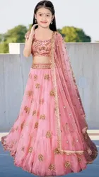 Net Embroidered Semi Stitched Lehenga for Girls 