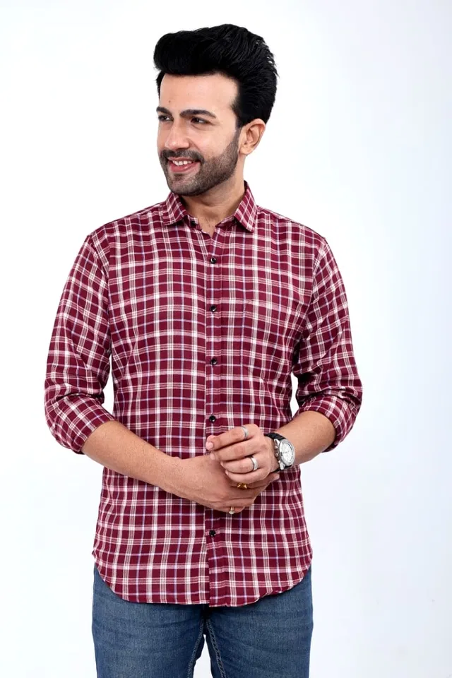 Cotton Blend Checked Shirt for Men, Maroon (M)