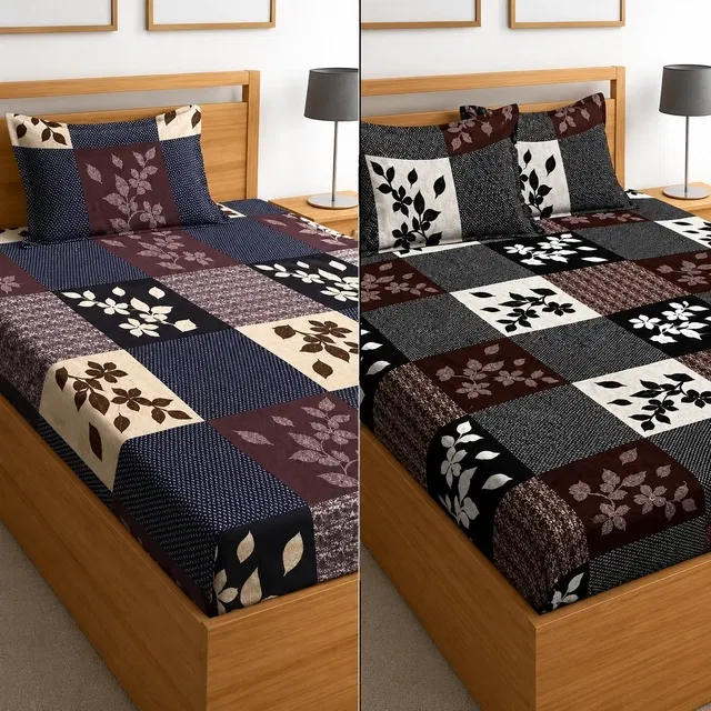 Polycotton (Single 58x88 In) & (Double Bedsheet 88x88 In)with Pillow Cover Multicolor Pack of 2
