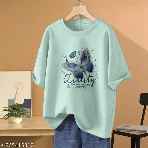 Cotton Blend Printed T-shirt for Women, Green (XL)