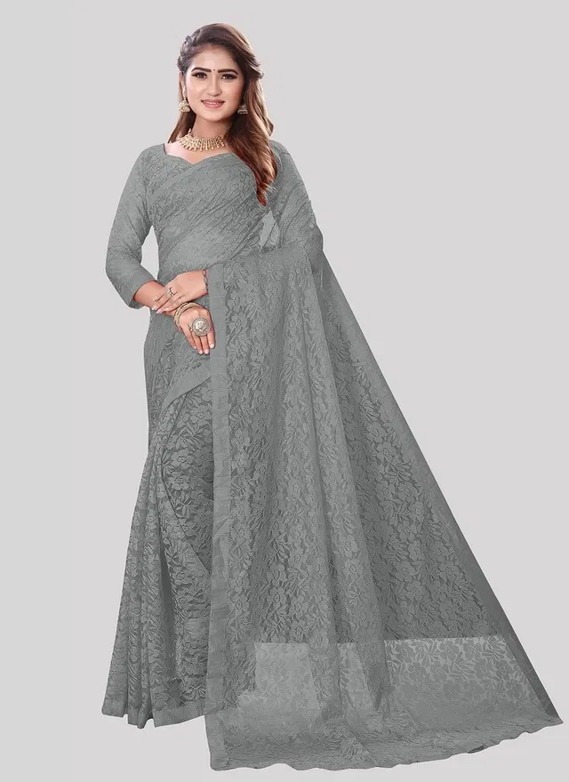 Net Floral Saree for Women (Grey, 6.3 m)