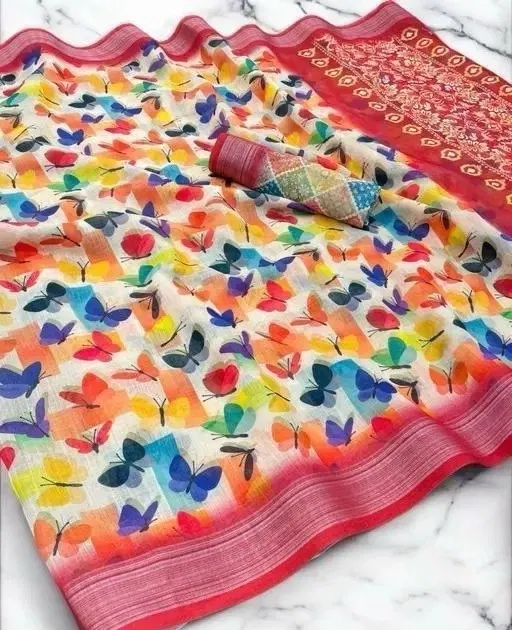 Cotton Linen Printed Saree for Women (Multicolor, 6.3 m)