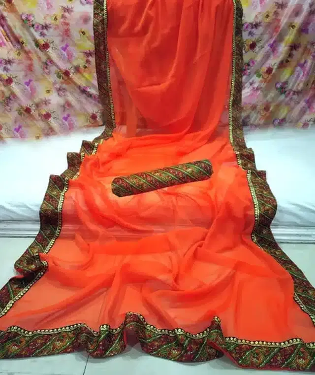 Georgette Self Design Saree for Women (Orange, 6.3 m)