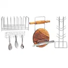 Oc9 स्टेनलेस स्टील चकला बेलन स्टैंड & कप स्टैंड & प्लेट स्टैंड & वॉल माउंटेड लैडल हुक रेल फॉर किचन 