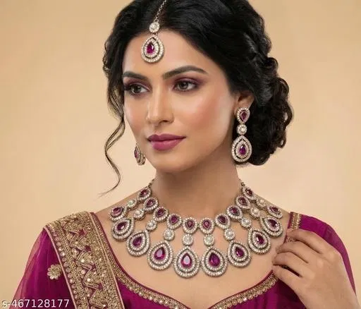 Mehandi Finish Golden Shadow Diamonds Ethnic Classy Necklace Set for Women (Purple, Free Size)