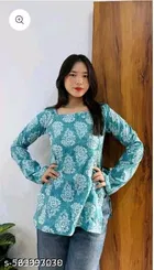 Rayon Printed Short Kurti for Women, Blue 
