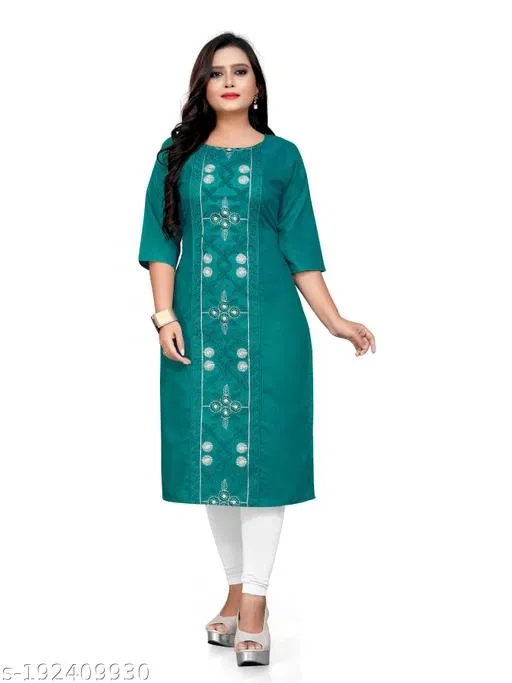 Embroidered Floral A-line Kurti for Women (Teal, XXL)