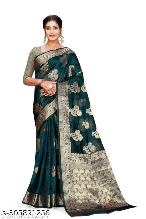 Organza Zari Woven Saree for Women (Teal, 6.3 m)