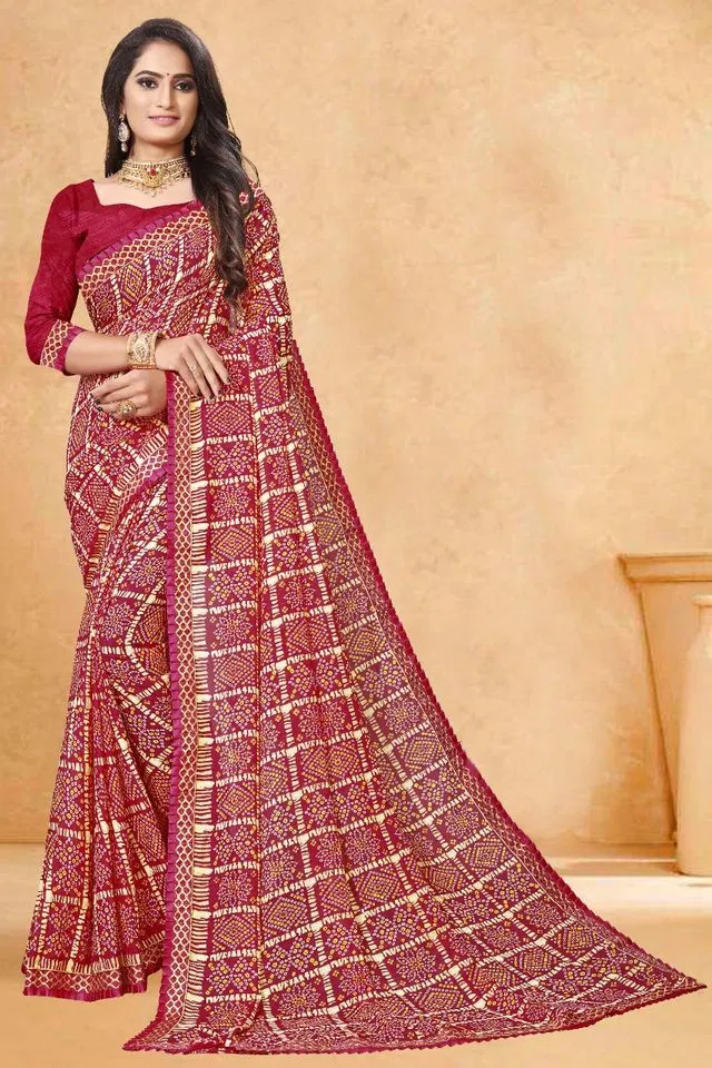 Kanooda Prints Fancy Women Georgette Printed Bandhani Saree (Maroon)