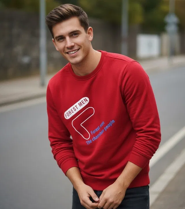 Fleece Printed Hoodie For Men, Red (XXL)