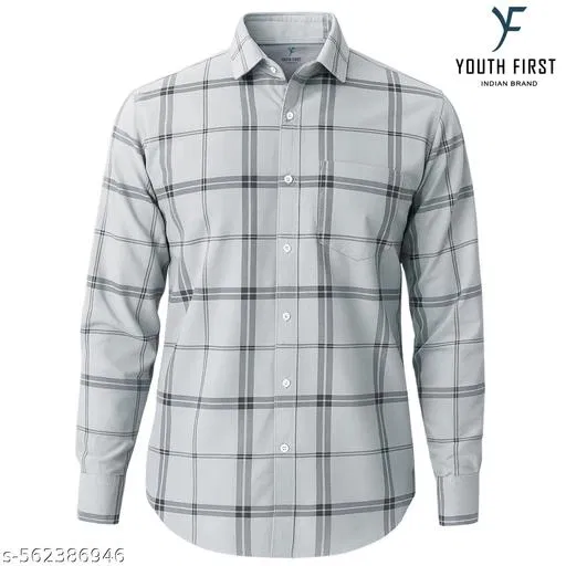Cotton Blend Checked Shirts for Men, Grey (L)