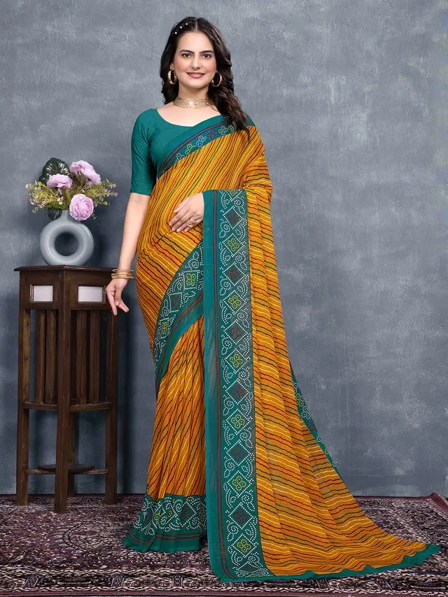 Georgette Printed Saree for Women (Teal & Yellow, 6.3 m)