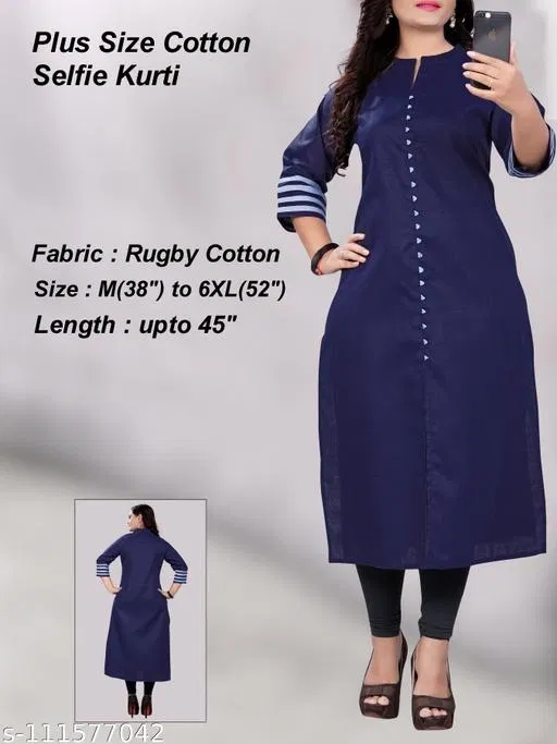 Solid Cotton Blend Kurti for Women (Blue, 4XL)