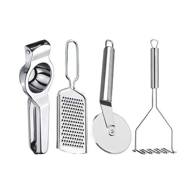 Oc9 Stainless Steel Lemon Squeezer & Cheese Grater & Pizza Cutter & Potato Masher Kitchen Tool Set (O-102)