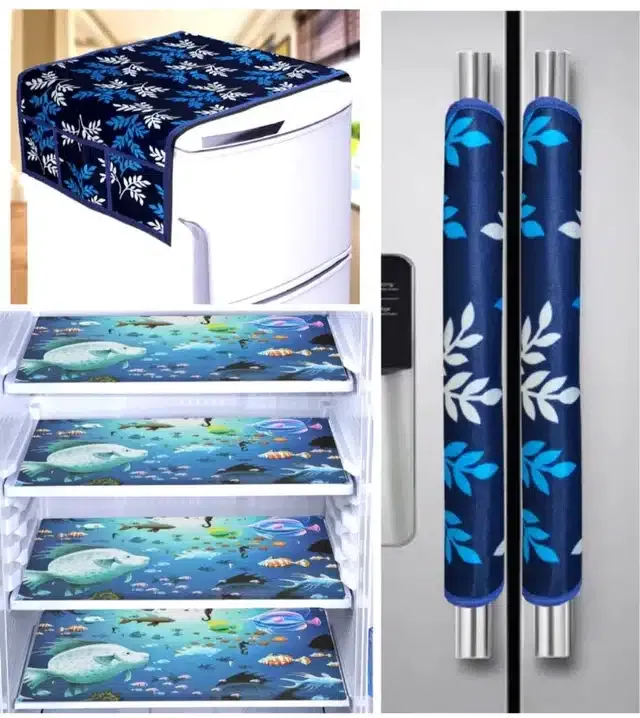 Knit Printed Fridge 4 Pcs Mat with 2 Pcs Handle & Top Cover (Blue, Set of 1)