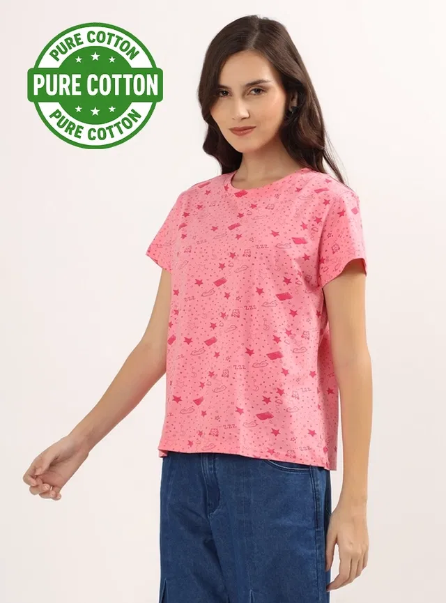 Round Neck Printed T-Shirt for Women (Pink, XL)