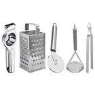 Oc9 Stainless Steel Lemon Squeezer & 4 in 1 Grater Or Slicer & Pizza Cutter & Potato Masher & Roti Chimta Kitchen Tool Set 