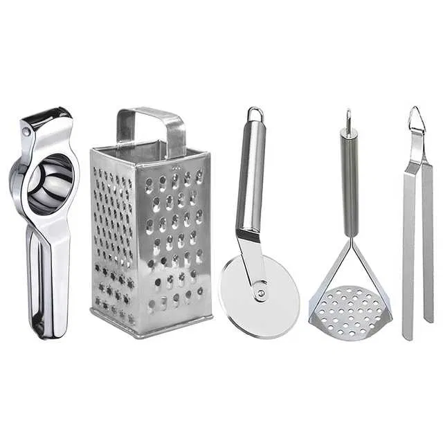 Oc9 Stainless Steel Lemon Squeezer & 4 in 1 Grater Or Slicer & Pizza Cutter & Potato Masher & Roti Chimta Kitchen Tool Set (O-159)