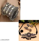 Black AD Stone Jewellery Set combo with oxidised bangles