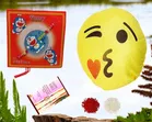 Synthetic Rakhi with Smiley Pillow & Roli Greeting card 