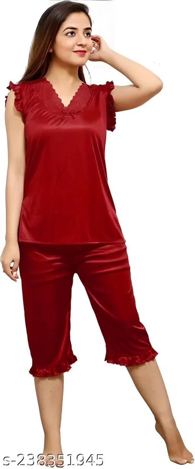 Satin Nightsuit Set for Women (Red, L)