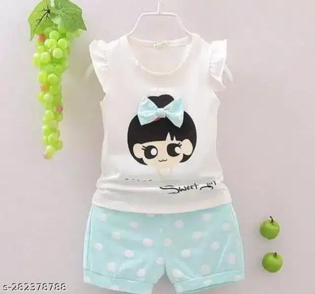 Hosiery Cotton Sleeveless Top & Bottom Clothing Set for Girls (White & Sky Blue, 12-18 Months)