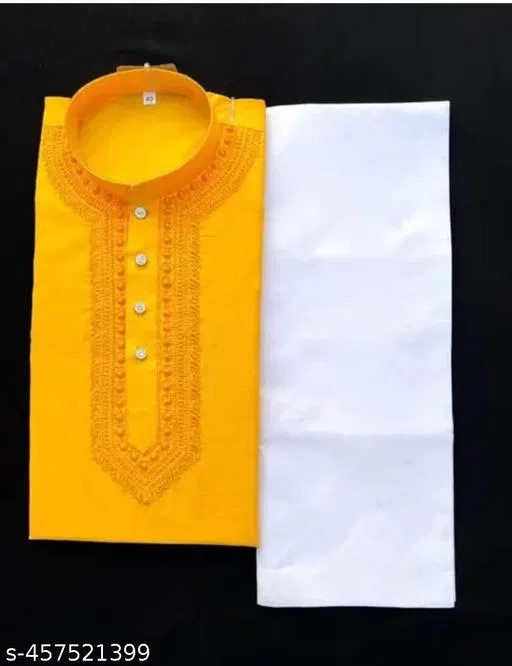 Cotton Blend Solid Kurta Set for Men, Yellow & White (XXL)