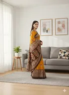 Art Silk Printed Saree for Women, Mustard 